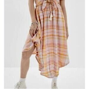 American Eagle Midi Skirt Women's Size L Linen Blend A-Line Plaid Tie Waist Boho